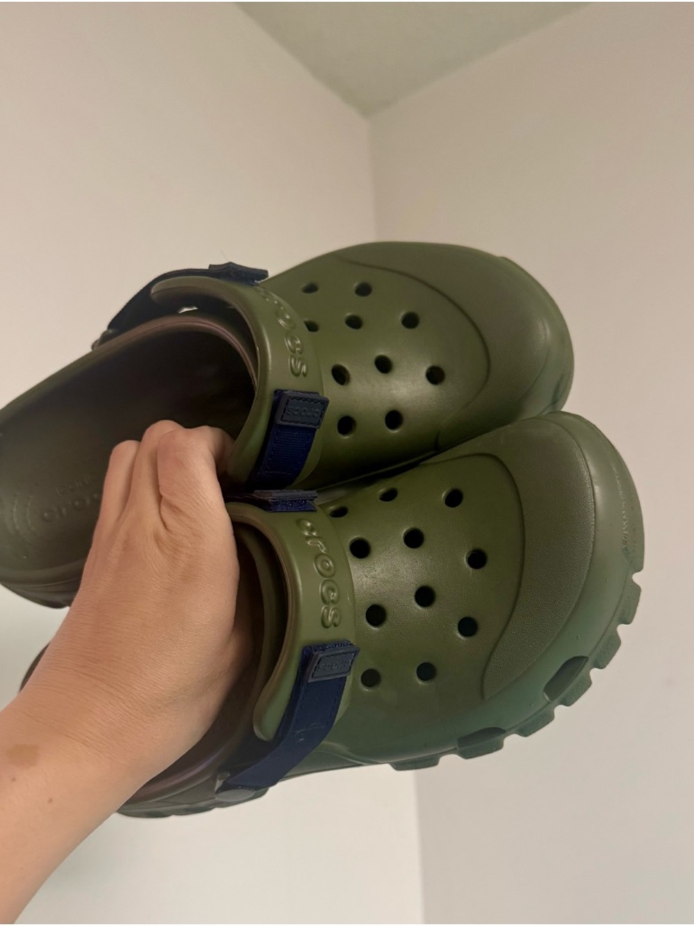 CROCS Classic Clogs in Olive Green with Navy Strap